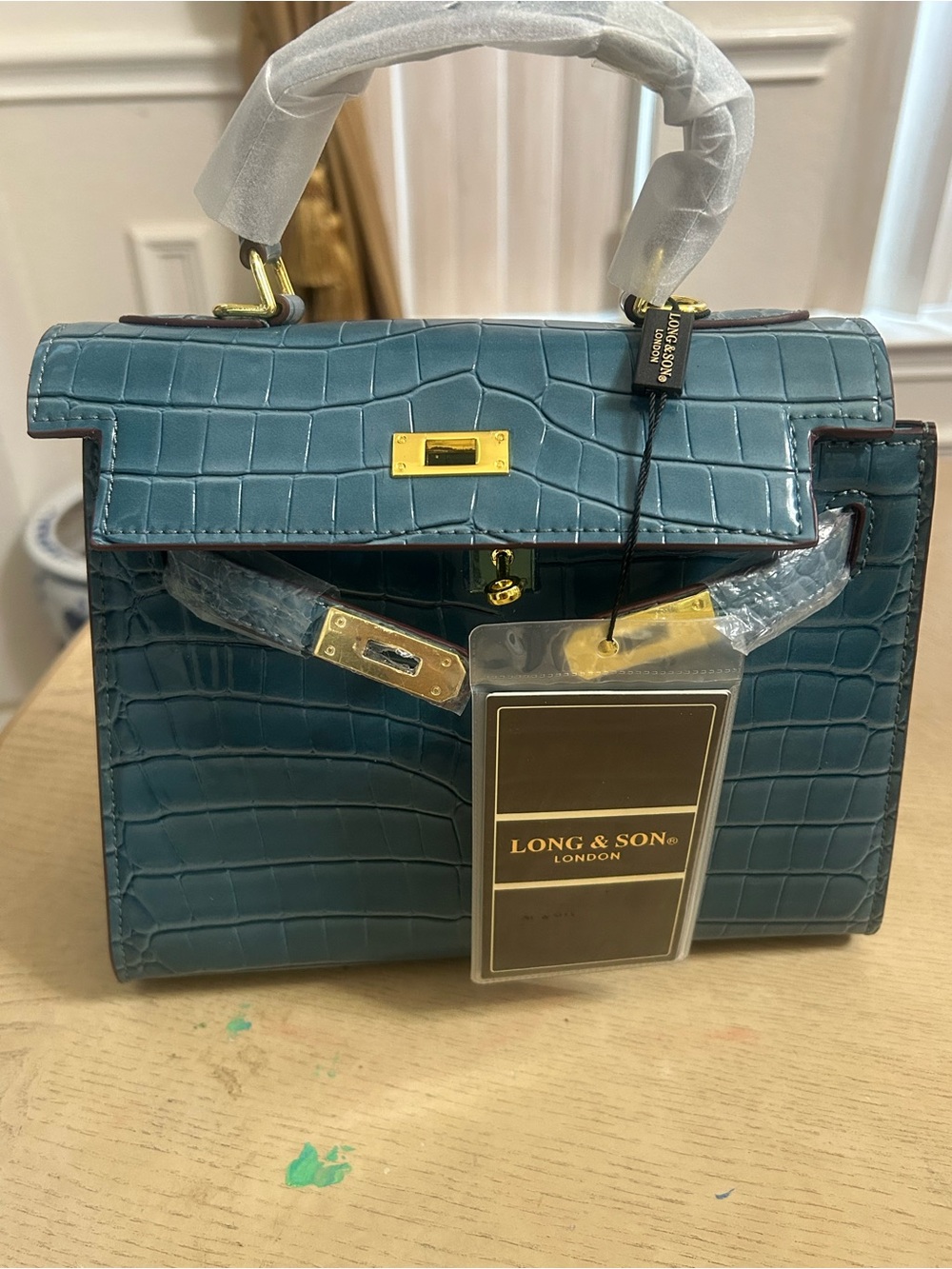 Teal Croc-Embossed Top-Handle Bag KELLY STYLE BAG